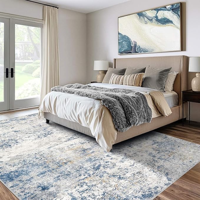 DMOYEST Area Rug Living Room Rugs - 8x10 Abstract Large Soft Indoor Washable Rug Neutral Modern Low Pile Carpet for Bedroom Dining Room Farmhouse Home Office - Blue
