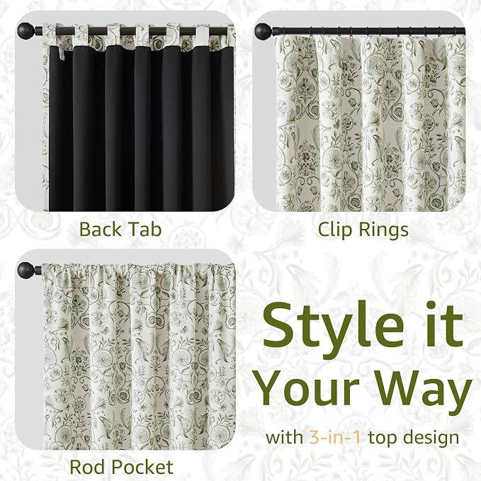 jinchan Green Floral Blackout Curtains 63 Inch Farmhouse Back Tab 2 Panels | Green on beige, room darkening, traditional vintage drapes, bedroom, living room, botanical, flower print, window treatment