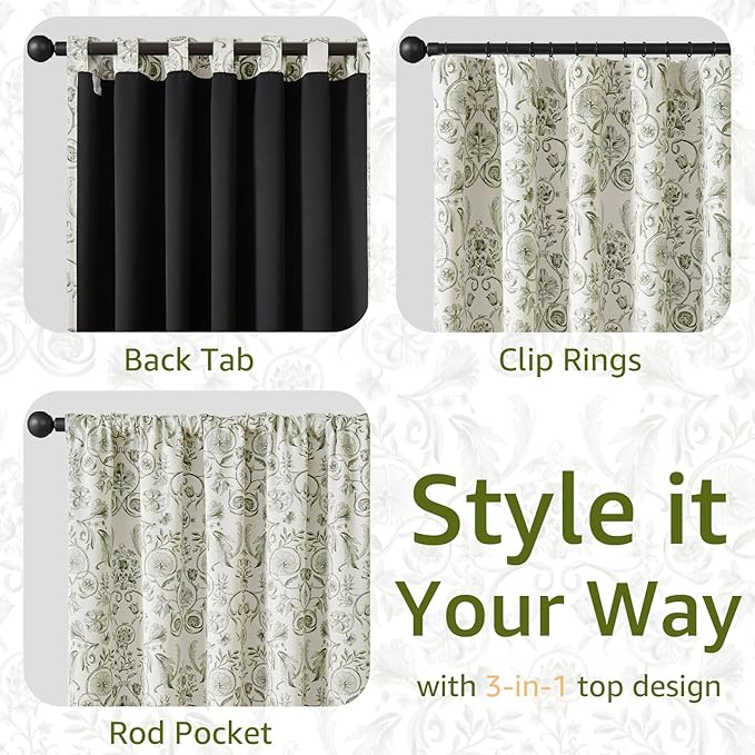 jinchan Green Floral Blackout Curtains 96 Inch Farmhouse Back Tab 2 Panels | Green on beige, room darkening, traditional vintage drapes, bedroom, living room, botanical, flower print, window treatment