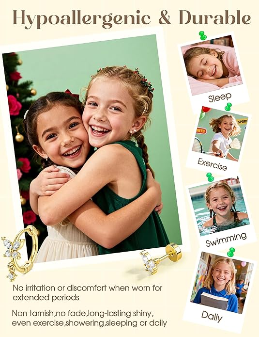 LOLIAS Hypoallergenic Flat Back Earrings for Women Girls-Cute Toddler Kids Teen Girls Earring Set-Surgical Steel Earrings for Sensitive Ears-14K Gold Plated Stainless Steel Flatback Studs Screw Back Small Hoop Cartilage Earring Stacks