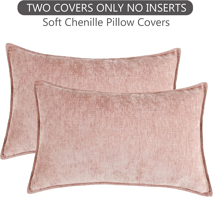 Stellhome Set of 2 Pink Decorative Pillow Covers Super Soft TextureLumbar Chenille Throw Pillow Covers Accent Solid Cushion Cover for Couch Sofa Bedroom Living Room 12x20 Inch