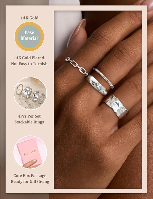 FIASASO Chunky Gold Rings for Women Non Tarnish - 4Pcs 14K Gold Plated Dainty Stackable Ring Set Trendy Hypoallergenic Thick Dome Statement Finger Knuckle Rings Pack Size 5-10