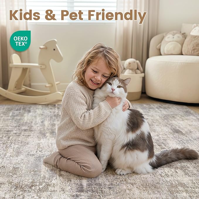 cotiled Washable 10x12 Area Rug for Living Room - Modern Abstract Carpet with Non-Slip Backing, Low Pile & Soft, Stain Resistant, Kid & Pet Friendly Decor for Bedroom & Dining Room - Brown Grey