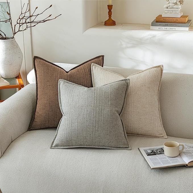 a moment Linen Pillow Covers Set of 2,Boho Farmhouse Throw Pillowcases Neutral Textured Decorative Covers for Couch Sofa,Soft Linen Blend Accent Case Cushion Living Room Home Decor 26"x26"Hazel