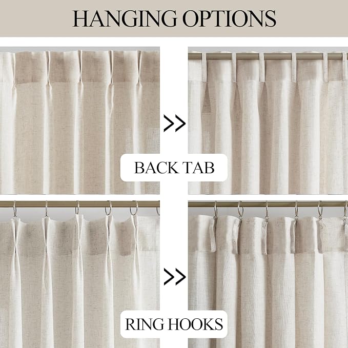 Vision Home Natural Pinch Pleated Semi Sheer Curtains Textured Linen Blended Light Filtering Window Curtains 108 inch for Living Room Bedroom Patio Pinch Pleat Drapes with Hooks 1 Panel 84" Wx108 L