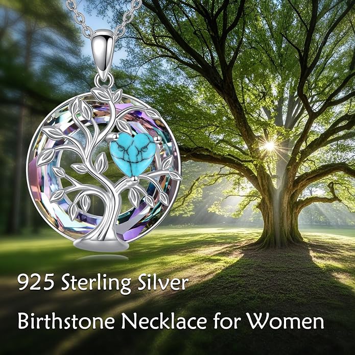Tree Of Life Birthstone Necklace 925 Sterling Silver Crystal Family Tree Pendant Necklaces Heart Birthstone Jewelry For Women Female Anniversary Birthday Gifts