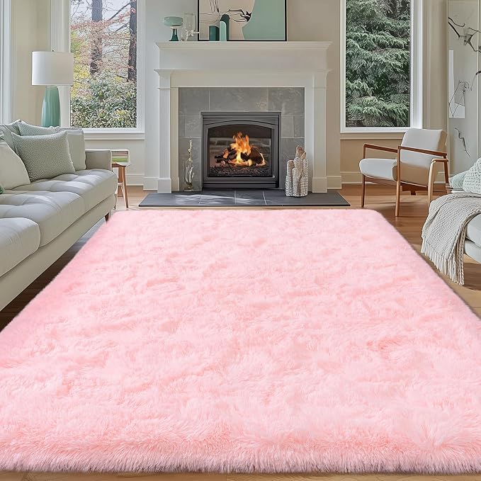 Fluffy Pink Rug for Living Room 8x10 Large Fuzzy Furry Shag Area Rugs | Ultra Soft Plush Fuzzy Upgrade Non-Slip High Pile Carpet for Kids, Grils, Dorms,Nursery Rooms, Home Modern Decor Aesthetic