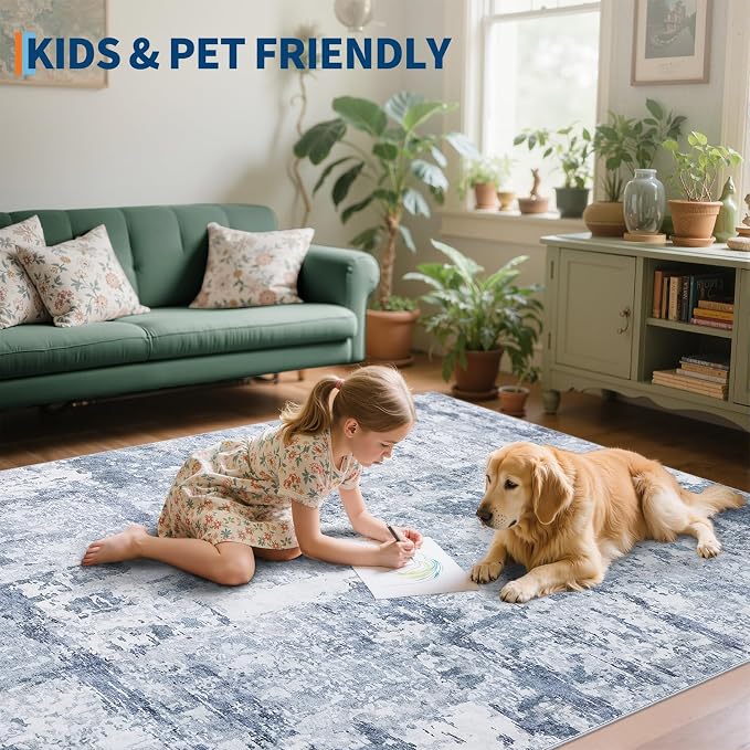 GarveeHome 10x14 Abstract Area Rugs Blue Washable Living Room Bedroom Rug | Abstract Low Pile Non Slip Rug Modern Floor Mat Carpet Indoor Accent Rug for Dining Room Playroom Nursery Home Decor