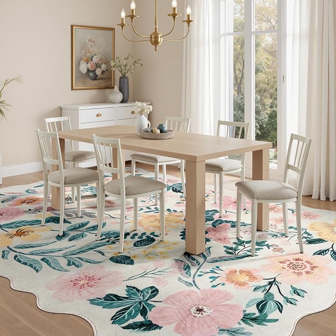 DCX Pink Floral Rug 5x7, Washable Pink Rug for Living Room, Kid & Pet Friendly with Rubber Back Non Slip, Soft Low Pile Carpet, Stain Resistant Rug for Bedroom, Nursery, Dining Room