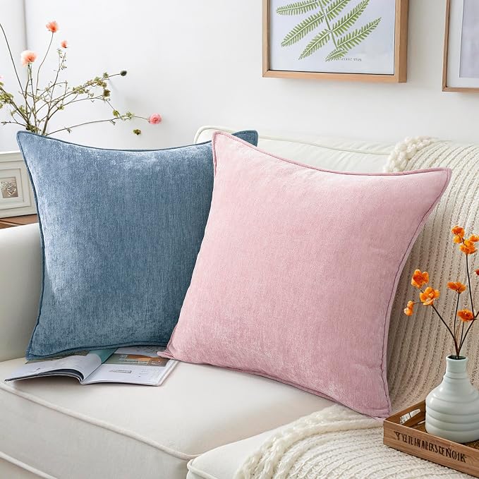 decorUhome Chenille Blue Grey Velvet Throw Pillow Covers 18x18 Set of 2 | Fall Soft Couch Decorative Modern Farmhouse Pillow Cases with Elegant Design for Sofa Bed Living Room Home Decor