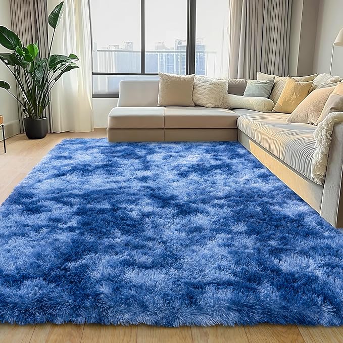 Fluffy Shag Rug for Bedroom, 4x5.9 ft Area Rugs Living Room | Tie-Dyed Blue, Soft and Comfy, Fuzzy Bedside Carpet for Nursery and Kids Room, Girl, Boys Dorm Home Decor Aesthetic, Non Slip