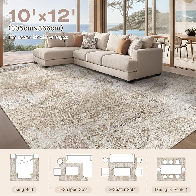Abstract 10x12 Area Rug: Machine Washable Non Slip Ultra Thin Low-Pile Carpet, Soft Stain Resistant for Living Dining Room Bedroom, Kid Pet Friendly, Robot Vacuum Compatible - Brown