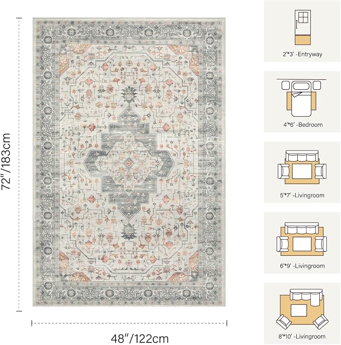 Rugxara Washable Area Rug for Living Room, Vintage Neutral Boho Rugs for Office, Dining Room, Kids Room, Farmhouse, Durable Low Pile Non Slip Carpet for High Traffic Areas, Taupe(4x6ft)