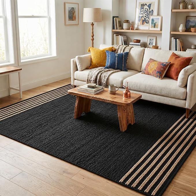 GRUHUM Black Jute Area Rug 9x12 ft - Natural Fiber Black Leather Rectangular Handwoven Boho Farmhouse Soft Braided Eco Friendly Vintage Rugs Indoor Living Room Bedroom Kitchen Hallways 9'x12' Large