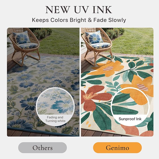 GENIMO 5x8 Outdoor Rug, Washable for Patio and Deck, Teal Orange | Floral design for porch; fade resistant chenille with quick-dry non-slip backing for indoor sunroom
