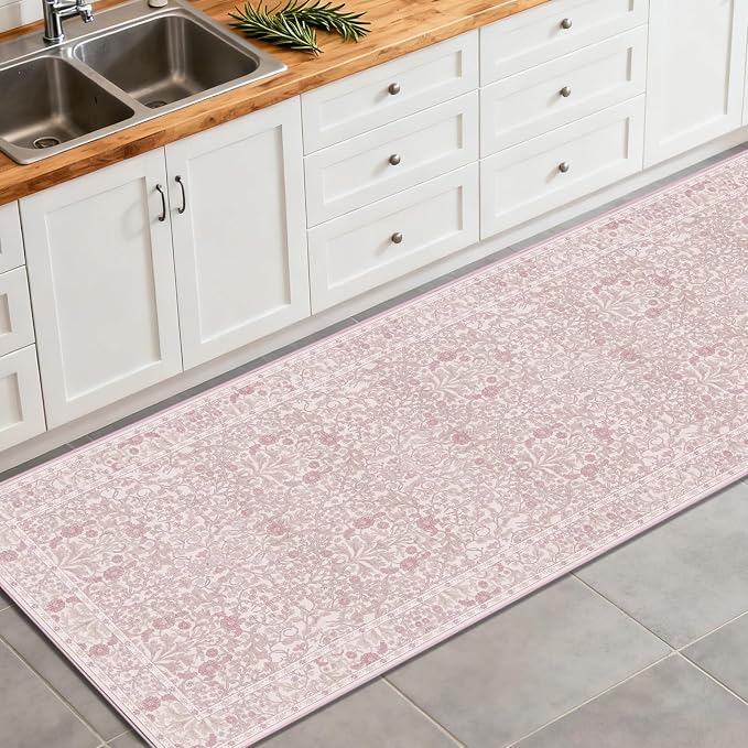 Washable 2' x 6' Runners for Hallways, Non Slip Long Floor Runner for Kitchen, Entryway Indoor, Stain Resistant Rubber Backing Floral Decor Rug (Pink)