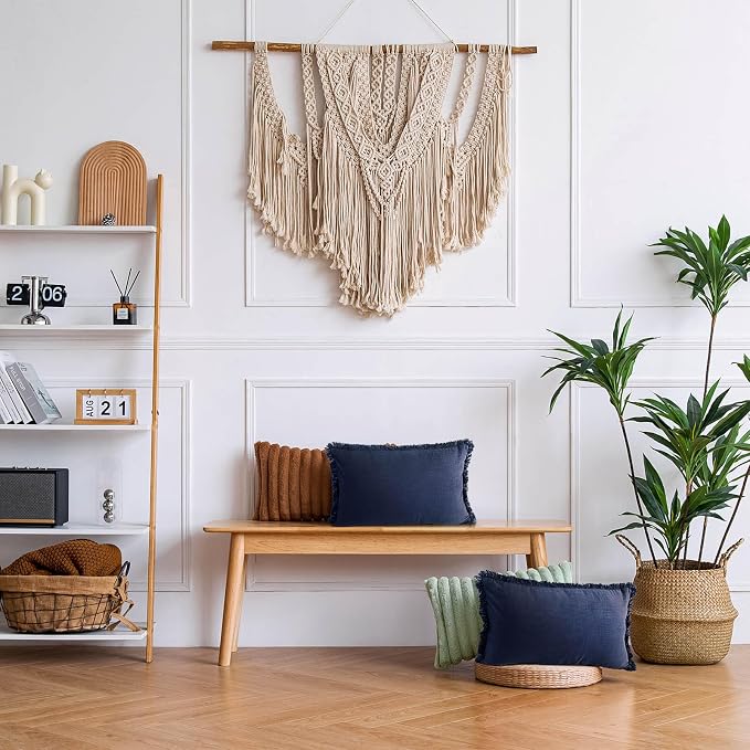 AmHoo Pack of 2 Linen Pillow Covers with Tassels Fringed Decorative Rustic Natural Throw Pillowcase Cushion for Couch Sofa Bedroom 12 x 20-Inch Navy Blue