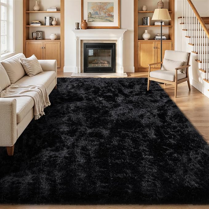 9x12 Area Rug for Living Room:Ultra Soft Fluffy Shag Black Rugs,Large Fuzzy Plush Indoor Non Slip Carpet Washable Rug for Bedroom Kids Nursery Office Dorm Modern Decor(Black 8'x10')