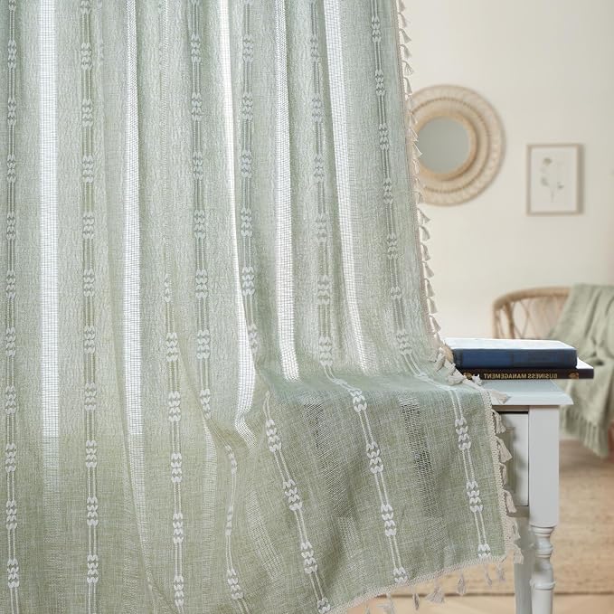 ColorBird Sage Green Boho Curtains Linen-Textured for Living Room Light Filtering Farmhouse Whimsical Decor Drapes Embroidered Striped 63 Inch Length for Dining Room Bedroom Window Treatments