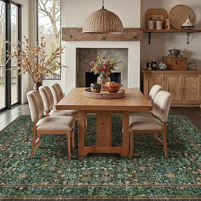 Rugxara Green 8x10 Area Rugs for Living Room Bedroom Large Washable Rug | Non Slip, Rug for Dining Room Office Kids Room, Stain Resistant, Soft, Low Pile, Vintage Boho Retro Carpet,Home Decor