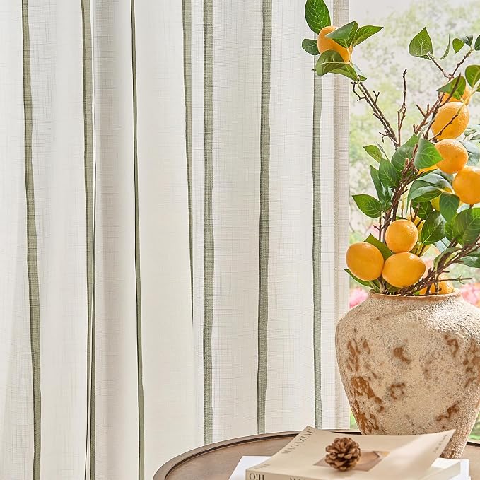 Vangao Striped Curtains Green on White Semi Sheer Curtains 63 Inches Long for Bedroom Living Room Modern Farmhouse Linen Textured Light Filtering Drapes 2 Panels Olive Green W50 x L63 Inch