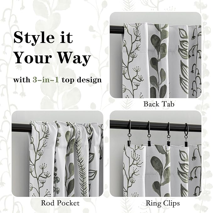 MEETSKY Sage Green Blackout Curtains 84 Inches Long 2 Panels Boho Curtains for Living Room Thermal Insulated Privacy Protection Rod Pocket Drapes for Bedroom, Leaf Print Window Treatment, 50" Wide