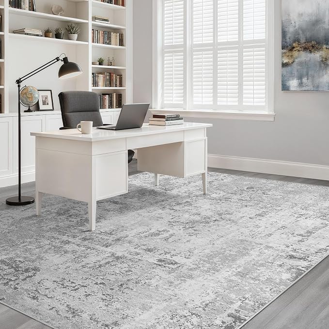 8x10 Area Rugs Living Room: Washable Large Neutral Rug Abstract Soft Modern Stain Resistant Indoor Floor Non-Slip Carpet for Bedroom Nursery Kids Office Playroom Dining Room Under Table- Light Gray