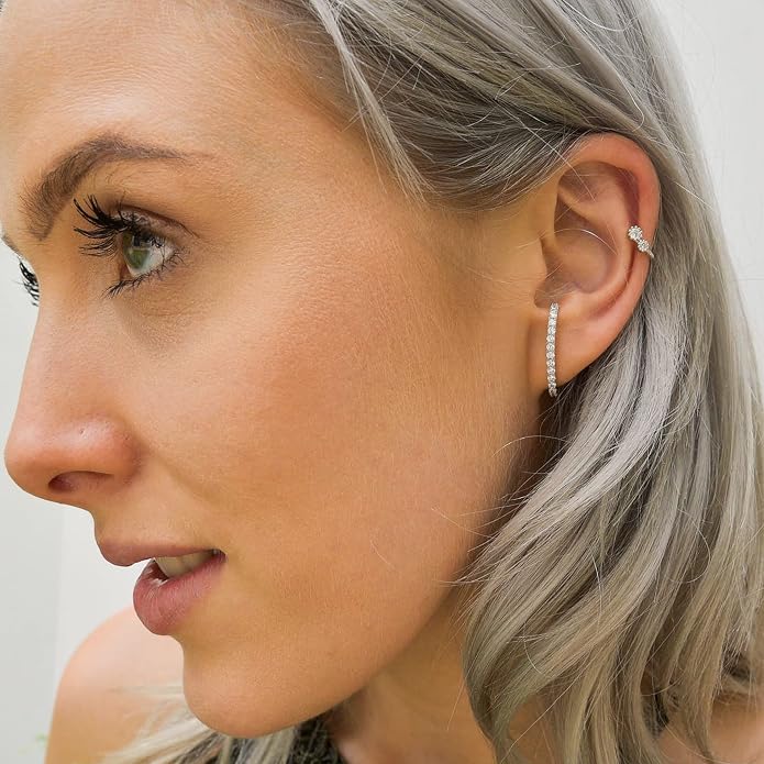 18K Gold Plated Sterling Silver Paved Gemstone Curved Bar Ear Cuffs Suspender Earrings CZ Huggie Earrings