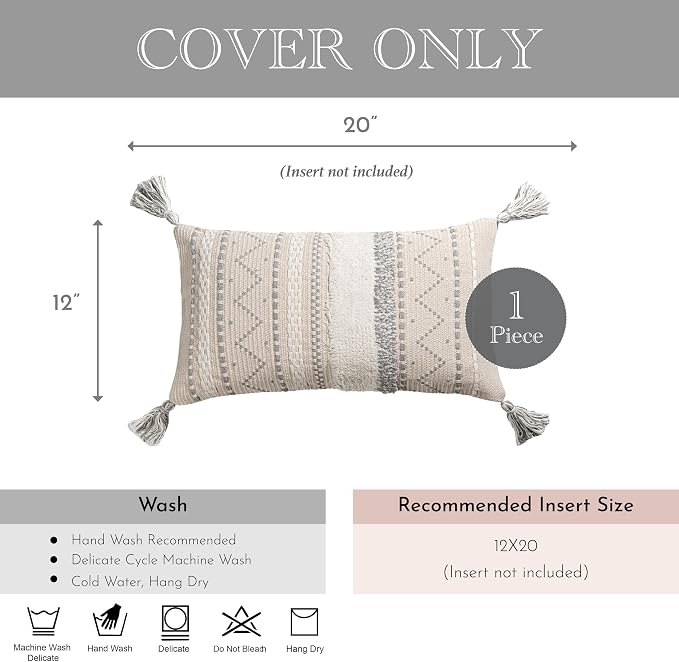 BlissBlush 12x20 Lumbar Pillow Cover, Cream Neutral Rectangular Decorative Cushion Cover with Gray Pattern, Boho Accent Pillowcase with Tassels for Couch Sofa Living Room (Cover Only)