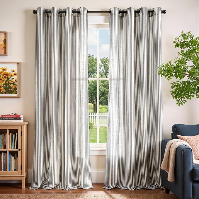 Vangao Linen Striped Curtains for Living Room Bedroom Farmhouse Tickingstripe Light Filtering Window Curtains Printed Drapes Grommet Top 2 Panels Charcoal Grey W50 x L96 Inch