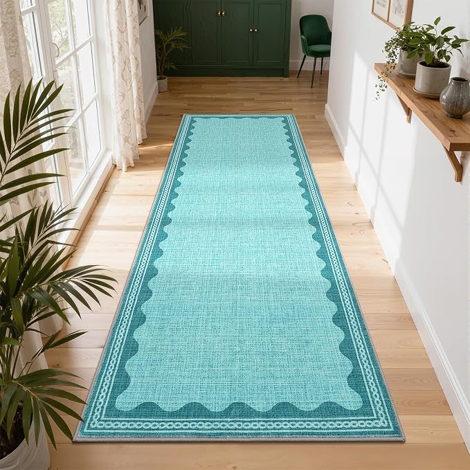 GarveeHome Scalloped Teal 2x6 Runner Rug for Hallway Washable Kitchen Rugs Non Slip Solid Modern Soft Low-Pile Indoor Carpet for Entryway Laundry Room Floor Mats TPE Backing