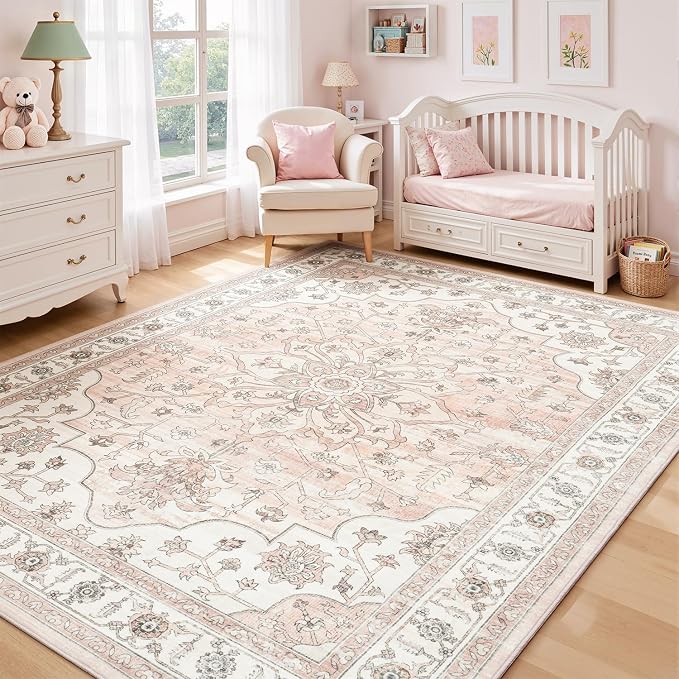 Washable Rugs for Living Room Bedroom, 5x7 Area Rugs for Kitchen Office Nursery, Non Slip Low Pile Rug Indoor, Vintage Boho Print Floral Carpet, Pink