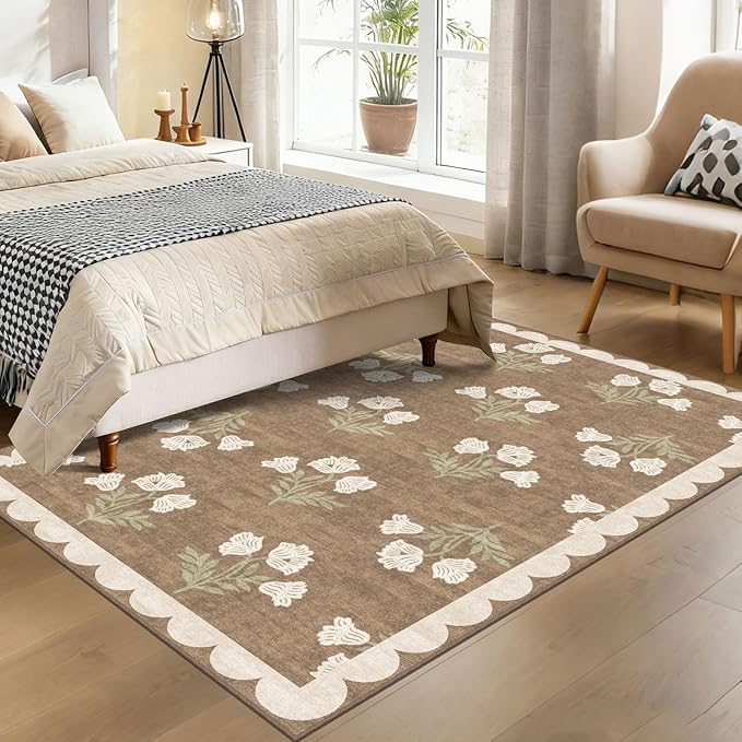 4x6 Floral Bedroom Rug - Tan Brown Washable Boho Entryway Rug Non Slip Vintage Neutral Farmhouse Scalloped Area Rugs for Living Room Bedroom Kitchen Nursery Home Office Mudroom Room Decor