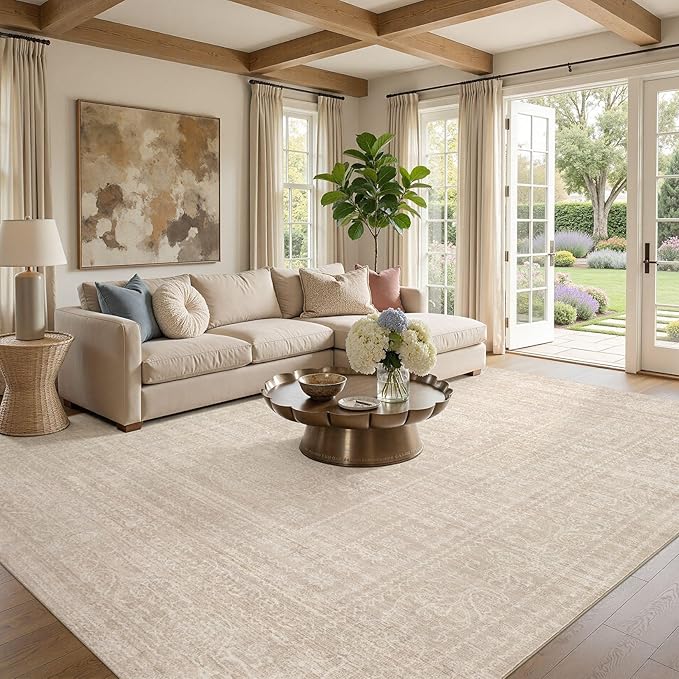 Nakagishi 10x12 Area Rugs Living Room: Washable Large Vintage Rug Neutral Non-Slip Soft Stain Resistant Indoor Carpet for Bedroom Nursery Dining Room Office Playroom - Beige