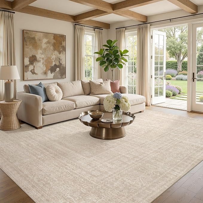 Nakagishi 10x14 Area Rugs Living Room: Washable Large Vintage Rug Neutral Non-Slip Soft Stain Resistant Indoor Carpet for Bedroom Nursery Dining Room Office Playroom - Beige