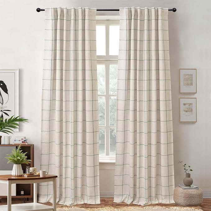 DriftAway 100% Blackout Plaid Linen Curtains W52xL96 Loden Green | 100% Blackout, Linen Texture, Plaid Pattern, Two Layers, Rod Pocket & Back Tab, Bedroom Living Room Use, Luxury Appearance