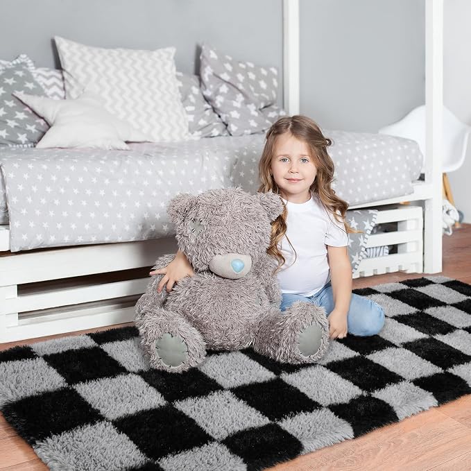 Pionblank Checkered Rug for Bedroom 2x6, Modern Fluffy Runner Rugs for Living Room, Super Soft Shaggy Bedside Carpet for Kids Room Nursery Teens Dorm Decor, Black and Grey
