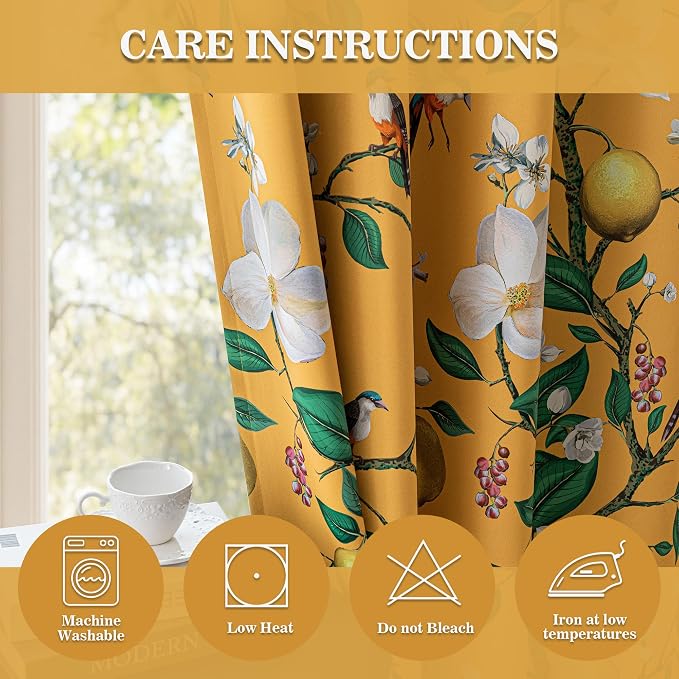 MYSKY HOME Floral Blackout Curtains 95 inches 2 Panels Set for Dining Room Vintage Mid Century Style Lemon Hummingbird Patterned Room Darkening Thermal Insulated Drapes Grommet, W52 per Panel, Yellow