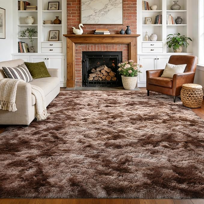 5x7 Area Rugs for Living Room Decor, Non-Slip Shaggy Tie-Dyed Rugs for Bedroom Kids Playroom Dorm Room, High Pile Ultra Soft Carpet, Brown