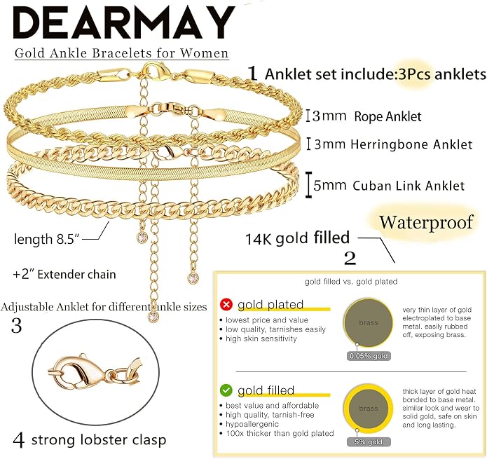 DEARMAY Gold Anklets for Women Waterproof, Non Tarnish14K Gold Plated Ankle Bracelets Set Stack, Summer Beach Jewelry Gifts for Vacation, Bikini Outfits for Women Mom Her