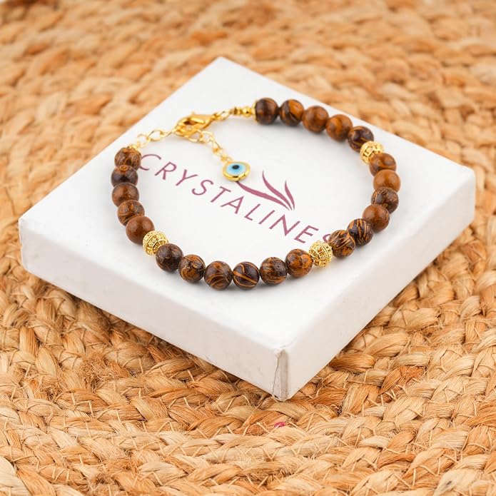 AAA Grade Natural Gemstone Beaded Bracelet, 14K Gold Plated with Evil Charm, Wicca & Reiki Healing Crystals, Handmade Bohemian Jewelry, Christmas Gift for Women (7+1inch)