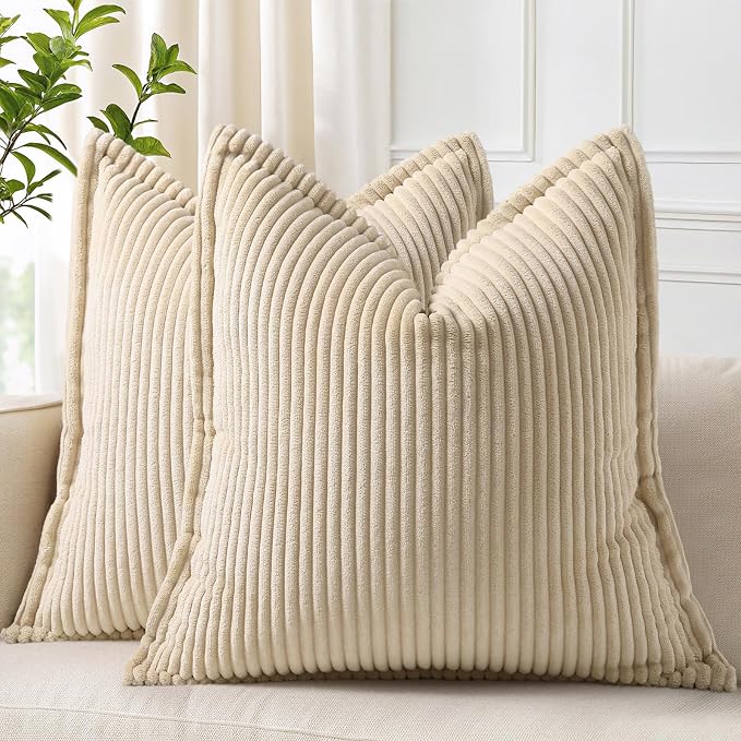 decorUhome Fall Corduroy Natural Beige Throw Pillow Covers 22x22 Set of 2 | Euro Sham Couch Decorative Soft Modern Boho Farmhouse Pillow Covers Broadside Striped Pillow Cases for Living Room Bed Sofa