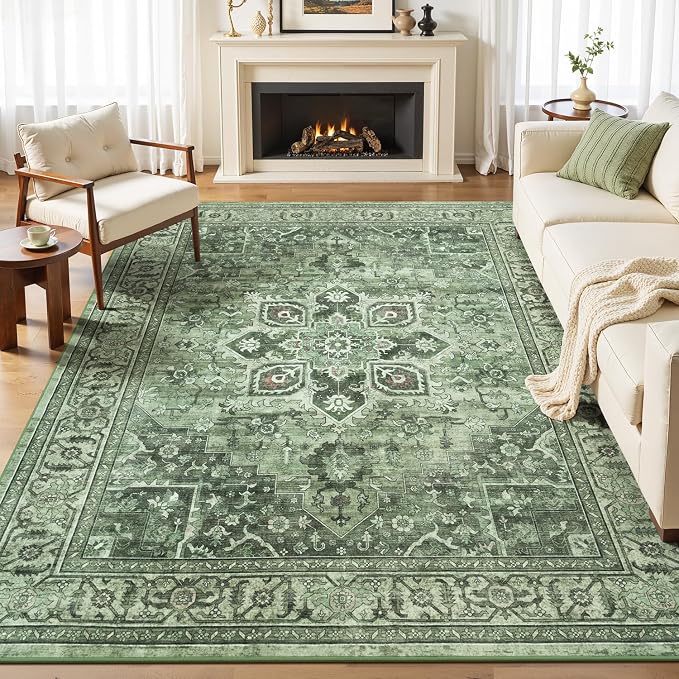 Sage Green Farmhouse 5x7 Living Room Rug - Modern Vintage Moss Green Boho Floral Pastel Area Rugs, Washable Low Pile Non-Slip Carpet for Nursery, Dining, Office, Lounge, Bedroom Foot of Bed