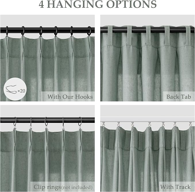 Aersas Desert Sage Pinch Pleated Linen Curtains 84 Inch Length 2 Panels for Living Room Bedroom Semi Sheer Window Curtain Boho Neutral Back Tab Pinch Pleat Drape with Hooks 40x84