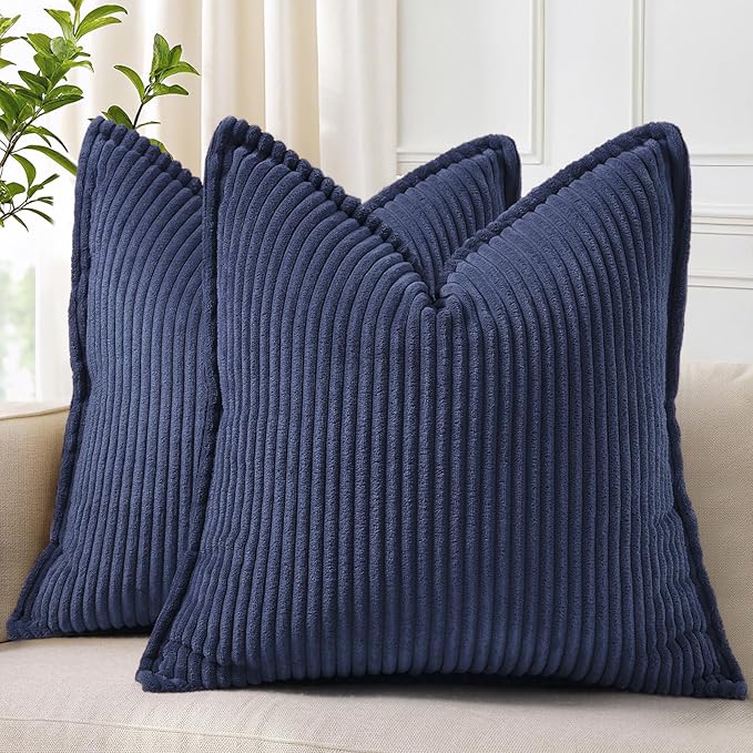 decorUhome Fall Corduroy Dark Navy Throw Pillow Covers 18x18 Set of 2 | Couch Decorative Soft Modern Boho Farmhouse Pillow Covers Broadside Striped Pillow Cases for Living Room Bed Sofa