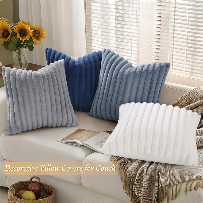 decorUhome Fall Faux Fur Throw Pillow Covers 20x20 Set of 4 Blue/Grey | Decorative Modern Farmhouse Soft Cozy Striped Pillow Cases Velvet Back for Sofa Bed Living Room Classic Accent Home Decor