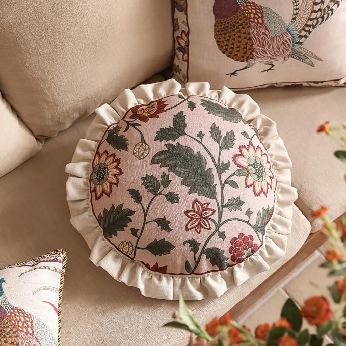 ISAENNE Vintage Linen Throw Pillow Cover,Set of 2,Diameter 16"-Ratina A | Designer Elegant Round Pillow Cover,Concealed Zipper Design,Floral Pattern,Sofa,Bedroom,Living Room,Lounge Chairs