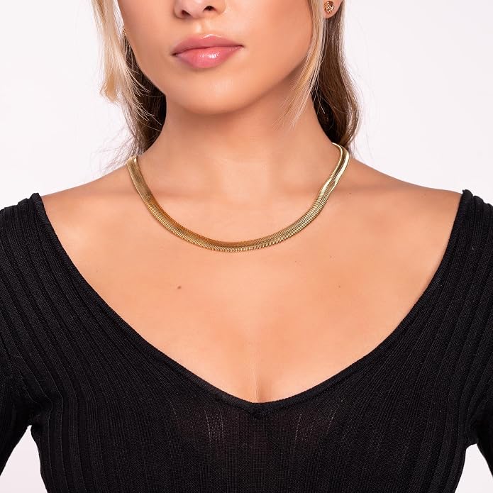 Barzel 18K Gold Plated Flat Herringbone Snake Chain Necklace for Women | Made In Brazil
