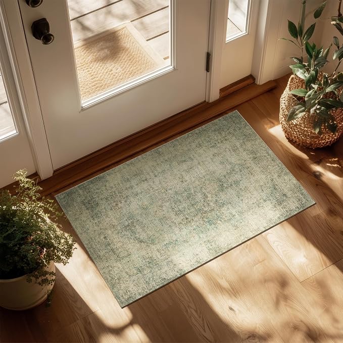 Machine Washable Area Rugs for Entryway: Door Mat Indoor Entrance 2x3 Boho Rug Vintage Distress Non-Slip Low Pile Soft Throw Carpet for High-Traffic Areas Kitchen, Hallway, Farmhouse Decor