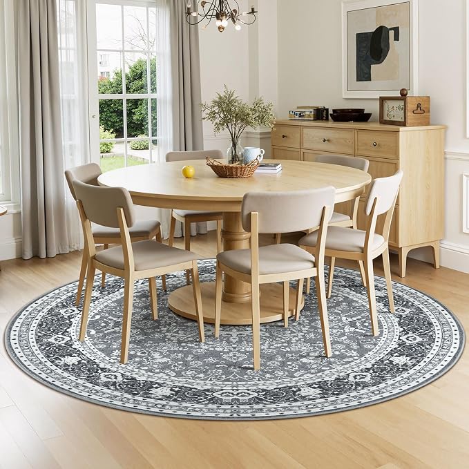 Lessymo 4FT Washable Round Area Rugs for Living Room, Non Slip Circle Rugs Low Pile Vintage Carpet for Bedroom, Dining Room, Nursery, Home Office, Grey White